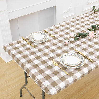 Buffalo Rectangle Picnic Tablecloth, 8 Foot Elastic Fitted Vinyl Table Cloth with Flannel Backing, Waterproof Plaid Table Covers for Dining, Camping, Outdoor (Khaki and White, 30" x 96")