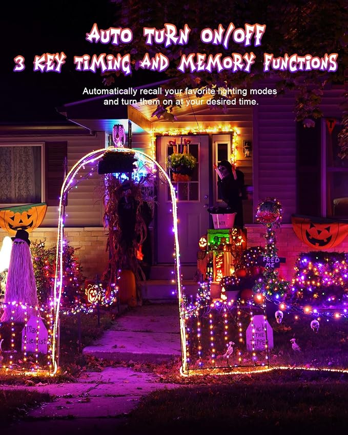 2Packs 380 LED Halloween Lights, Each 125FT String Lights 8 Lighting Modes & Timer Memory, Outside Waterproof Strings Lights for Trees Gardens Yard Holiday Decorations, Purple and Orange