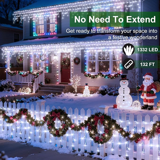 1332 LED 132FT Christmas Lights,296 Drops Icicle Lights with 12 Modes | Cool White Icicle String Lights with Timer and Dimming for Long Rooflines, Wide Eaves, Storefronts and Wedding Backdrops