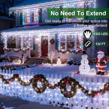 1332 LED 132FT Christmas Lights,296 Drops Icicle Lights with 12 Modes | Cool White Icicle String Lights with Timer and Dimming for Long Rooflines, Wide Eaves, Storefronts and Wedding Backdrops