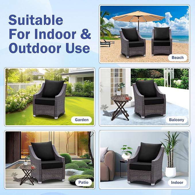 Outdoor Chair Cushions, 24 x 24 Inch Outdoor Cushion for Patio Furniture, Patio Chair Cushion, Waterproof & Fade Resistant Deep Patio Furniture Cushions Set with Handle and Ties, Black (Set of 2)