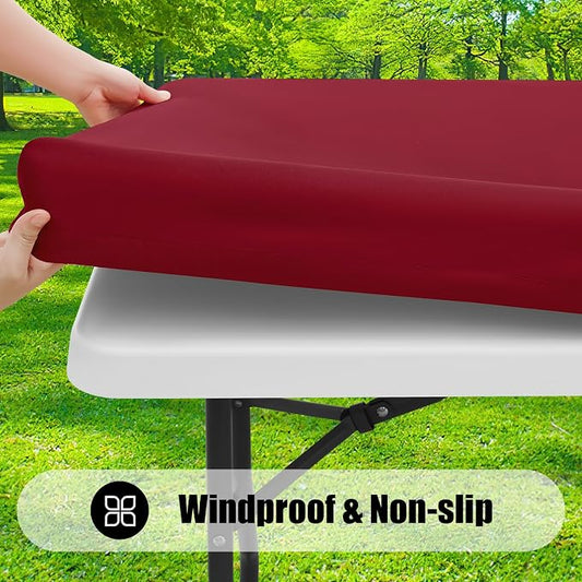 Smiry Rectangle Picnic Table Cloth, Waterproof Elastic Fitted Tablecloths for 6 Foot Tables, Washable Polyester Table Cover for Camping, Indoor and Outdoor (Wine Red, 30"x72")