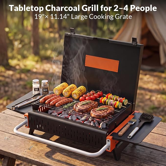Portable Charcoal Grill, Foldable Tabletop BBQ Grill for 2-4 People | Fold-Flat Camping Grill, Removable Ash Pan, Side Shelves, Locking Lid for Backyard, Patio, Tailgating & Outdoor Cooking