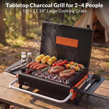 Portable Charcoal Grill, Foldable Tabletop BBQ Grill for 2-4 People | Fold-Flat Camping Grill, Removable Ash Pan, Side Shelves, Locking Lid for Backyard, Patio, Tailgating & Outdoor Cooking