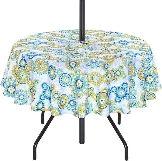 Poise3EHome 60 inches Outdoor/Indoor Waterproof Spillproof Round Tablecloth with Umbrella Hole for Camping, Picnic, Patio, Party, Spring, Floral