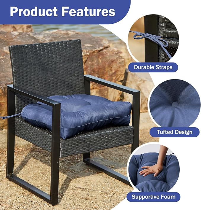 IPYNBAP Outdoor Chair Cushions Set of 4, Patio Chair Cushions with Ties, 19x19+5” Tufted Outdoor Seat Cushions, Waterproof Patio Furniture Cushions, Outdoor Dining Chair Pads, Navy