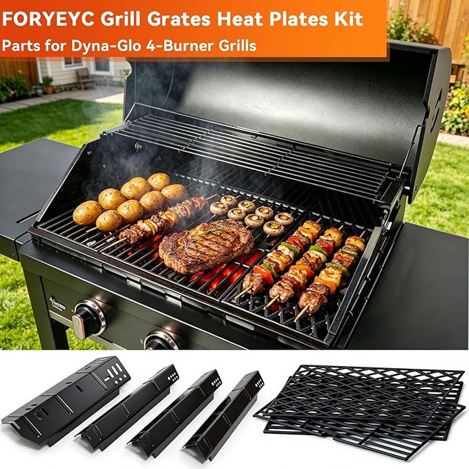 Grill Replacement Parts for Dyna-Glo 4 Burner DGH450CRP DGH451CRP, Set of 4 Porcelain Steel Grill Heat Plates Shield + 3-Pack Cast Iron Cooking Grill Grates Kit for Dyna Glo 3/4 Burner Grill