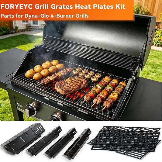 Grill Replacement Parts for Dyna-Glo 4 Burner DGH450CRP DGH451CRP, Set of 4 Porcelain Steel Grill Heat Plates Shield + 3-Pack Cast Iron Cooking Grill Grates Kit for Dyna Glo 3/4 Burner Grill