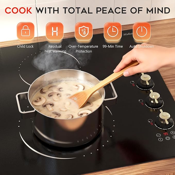 Electric Cooktop 30 Inch Hobsir, 4 Burner Electric Stove Top 6700W, Dual-Ring Burner & Oval Burner, 9 Power Level, 30 Inch Cook top with Safety Lock, Timer, Golden Knob