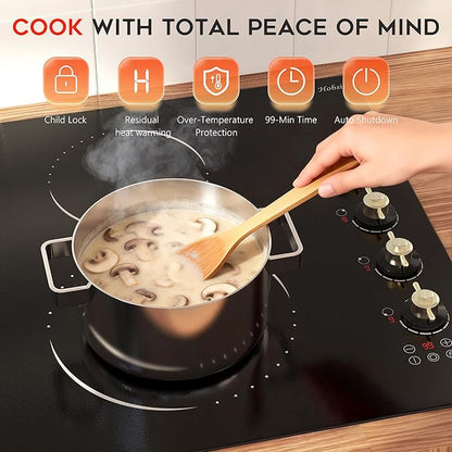 Electric Cooktop 30 Inch Hobsir, 4 Burner Electric Stove Top 6700W, Dual-Ring Burner & Oval Burner, 9 Power Level, 30 Inch Cook top with Safety Lock, Timer, Golden Knob