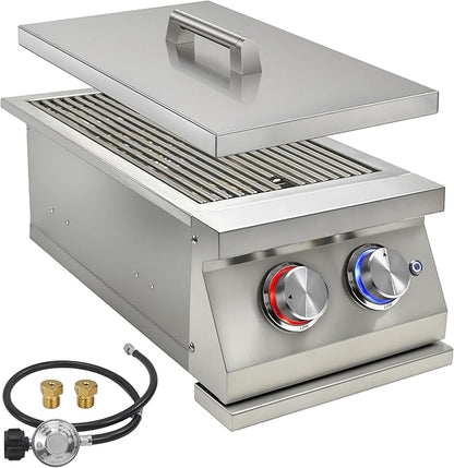 Double Side Burners for Outdoor Grill, Heavy-Duty 304 Stainless Steel, Built-in Side Burners with LED for Outdoor Kitchen BBQ Island, 2x17,000BTU Liquid Propane Side Burner Convertible to Natural Gas
