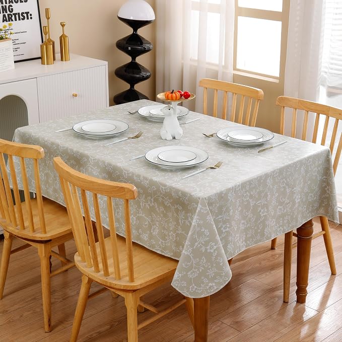 Heavy Duty Vinyl Tablecloth with Flannel Backing Waterproof Oil-Proof Plastic Table Cloth Stain-Resistant Wipeable Rectangle or Square Table Cover for Indoor and Outdoor (Beige Floral,52x70 Inch)