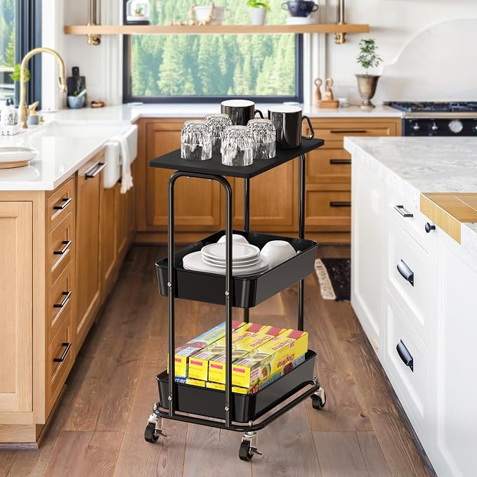 Simple Houseware 2-Tier Rolling Utility Cart Wood Top/Lockable Wheel, Black | Metal Storage Organizer Trolley for Kitchen, Bathroom, Office, Craft Room