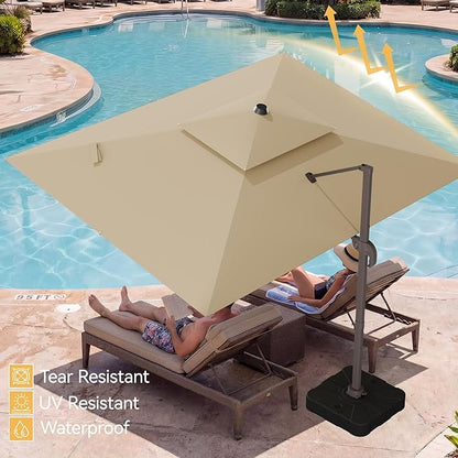 10x13 FT Patio Umbrella with Base, Large Cantilever Rectangular Double Top Heavy Duty Offset Umbrellas with 360° Rotation, Outdoor shade for Garden Deck Pool Patio, Beige