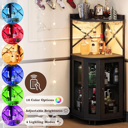 JKsmart 4-Tier Corner Bar Cabinet with LED Light and Glass Holder, Mini Bar | Industrial Liquor Cabinet with Door and Storage Shelf, Space-Saving Home Bar for Wine, Coffee and Entertaining, Black