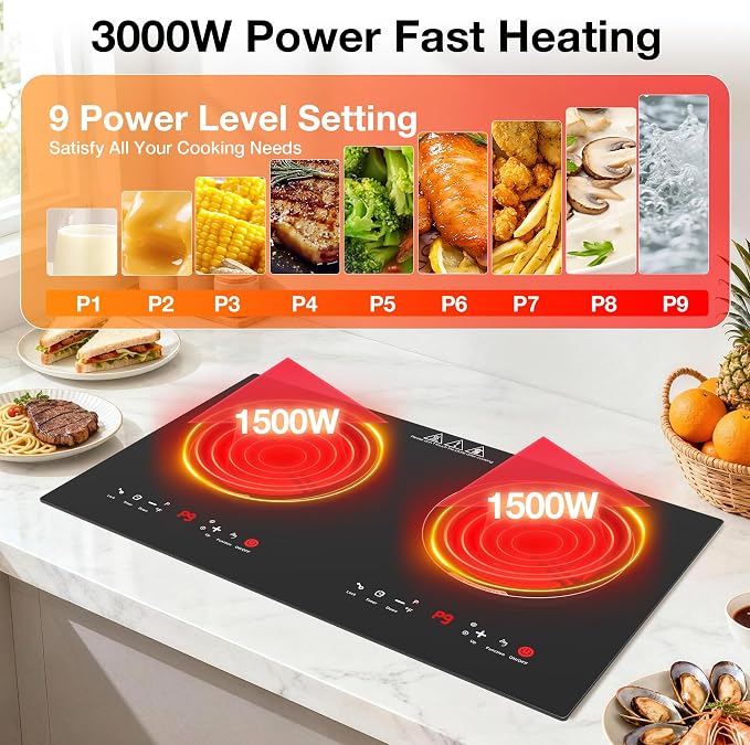 WABK 2 Burner Electric Cooktop 110V, 24 Inch Built-in & Countertop Ceramic Stove Top, 3000W Infrared Hot Plate for RV Apartment, Compatible with All Cookware, Child Lock & Timer