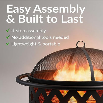 Sunnydaze Crossweave Outdoor Fire Pit - Wood-Burning Fire Pit for Outside with Spark Screen, Poker and Round Cover - 36-Inch - Black