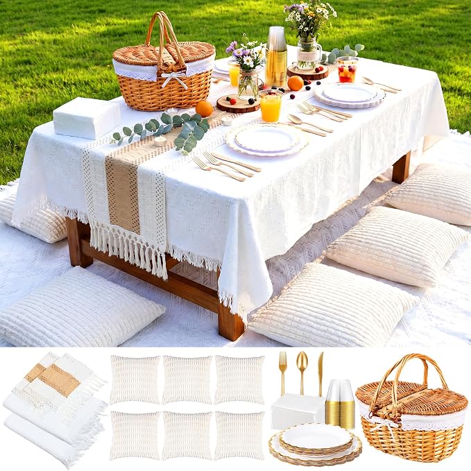 131 Pcs Picnic Kit Extra Large Outdoor Boho Blanket Wicker Picnic Basket Boho Tablecloth Table Runner 6 Throw Pillows Covers Gold Disposable Plates and Cutlery Set for Camp Wedding