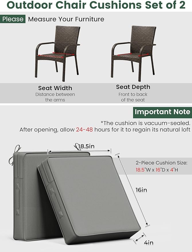 Outdoor Chair Cushion 18.5 x 16 x 4 Inches Patio Furniture Outdoor Waterproof Seat Cushion, Patio Chair Cushion with Handles and Ties, Square Dining Chair Cushion Set of 2, Light Grey