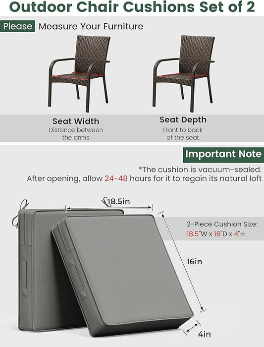 Outdoor Chair Cushion 18.5 x 16 x 4 Inches Patio Furniture Outdoor Waterproof Seat Cushion, Patio Chair Cushion with Handles and Ties, Square Dining Chair Cushion Set of 2, Light Grey