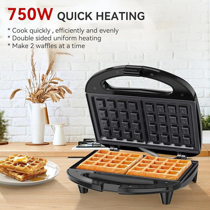 OSTBA Waffle Maker, 2-Slice Belgian Waffle Iron, Nonstick | 750W Heating with Nonstick Waffle Plates, Indicator Lights, Cool-Touch Handle, Compact Storage and Easy Cleanup