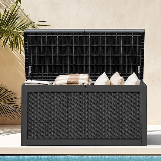 DWVO 320 Gallon Resin Outdoor Storage Box, XXL Large Waterproof Deck Box, Doubles as Table or Seating with 1000 lbs Capacity, Lockable (Black)