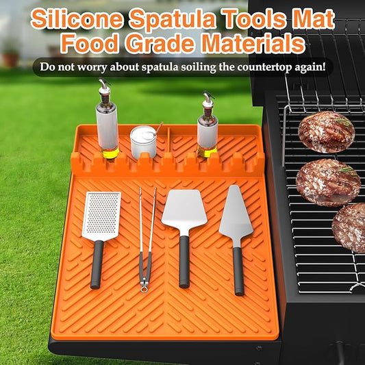 Griddle Accessories Silicone Spatula Mat with Drip Pad, Orange, 16x11.5" Rectangular Grill Mat