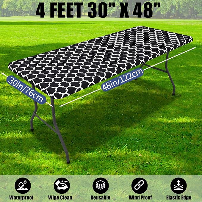 Smiry 2 Pack Rectangle Table Cloth 4 Foot, Waterproof Elastic Fitted Tablecloths, Windproof Washable Polyester Table Cover for Picnic, Camping, Outdoor (Black, 30"x48")