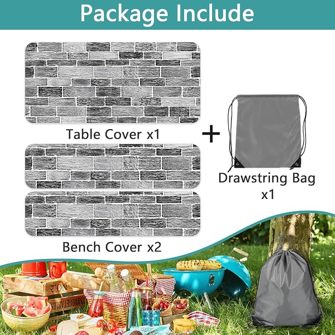 Picnic Table Cover with Bench Covers and Bag, Camping Essentials, Stone Wall Waterproof Windproof, Fitted Camping Tablecloths with Elastic Edges for Indoor, Outdoor & Garden, 3 Pcs Set 30x72 Inch