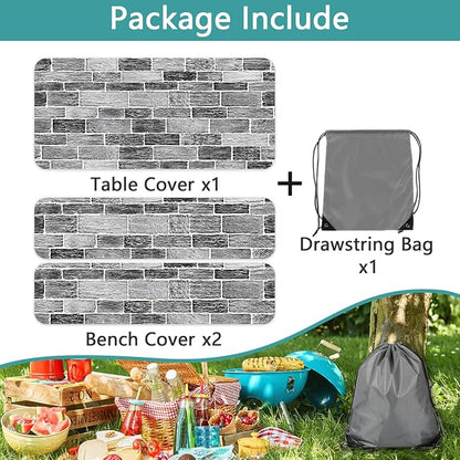 Picnic Table Cover with Bench Covers and Bag, Camping Essentials, Stone Wall Waterproof Windproof, Fitted Camping Tablecloths with Elastic Edges for Indoor, Outdoor & Garden, 3 Pcs Set 30x96 Inch