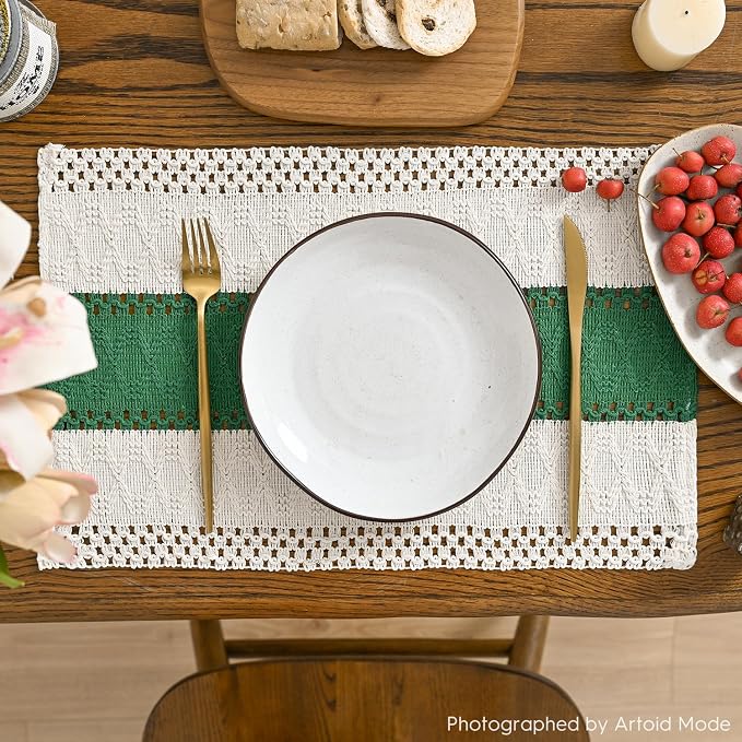 Artoid Mode Dark Green Farmhouse Rustic Placemats Set of 6,12x18 Inch Seasonal Holiday Hollow Table Mats Party Kitchen Dining Decoration