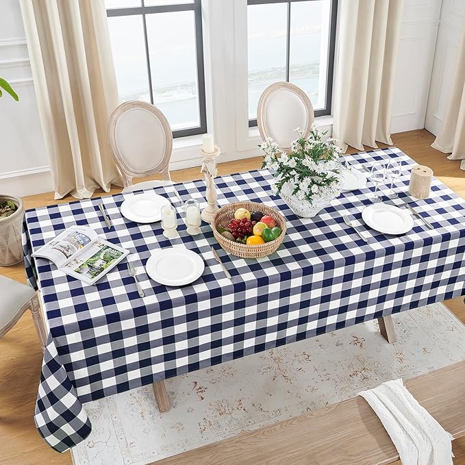 Softalker Gingham Checkered Tablecloth Rectangle - Outdoor Waterproof Buffalo Plaid Table Cloth, Stain Resistant Washable Table Cover for Picnic, Camping - Navy and White, 2 Pack - 60 x 102 Inch