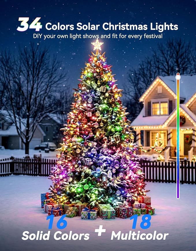LitHome 34 Colors Solar String Lights Outdoor with Remote, 50 FT 150 LED | Solar & USB Powered Halloween String Lights, Waterproof Color Changing Christmas Light for Xmas Tree Light Party Decor