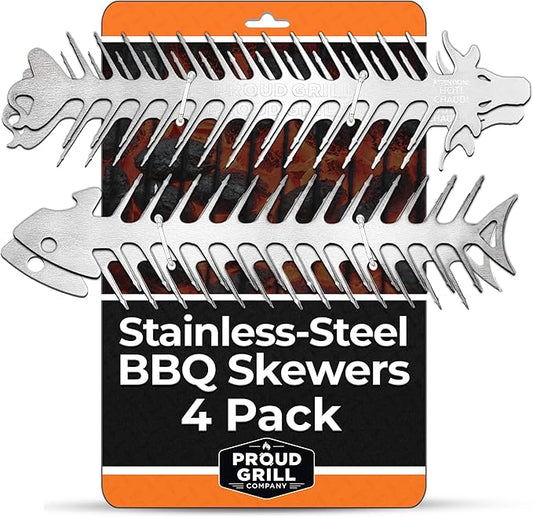 Proud Grill Slide & Serve BBQ Skewers, Grilling Accessories, 12", Set of 4 | Reusable Stainless-Steel Barbecue Skewers, Ideal for Shish Kabobs, Beef, Pork, Chicken, Shrimp & Vegetables, BBQ Tool Sets