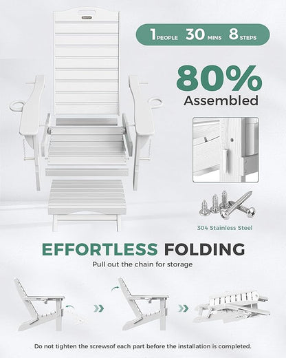 Adjustable Adirondack Chairs Set of 2 with Retractable Ottoman, HDPE Folding Adirondack Chair with Cup Holders, Weather Resistant for Backyard, Poolside & Fire Pit (White)
