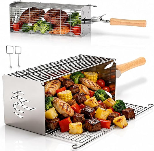 TNTOR Square Grill Basket, Larger 304 Stainless Steel Nesting Grilling Net, Removable Handle, BBQ Grilling Accessories Tools for Veg Shrimp, Outdoor Cooking Camping grilling gifts for men Dad Husband
