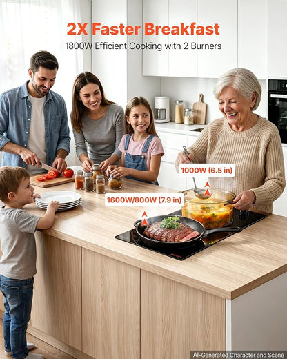VEVOR Electric Cooktop 12in 2 Burners Portable Stove Top 1800W 120V Plug In, Ceramic Countertop/Built-in Radiant Electric Stove, with 11 Power Levels, Over-Heat Guard, Knob Control