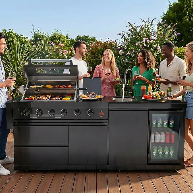Casaphoria 84" Outdoor Kitchen Grill Island with Refrigerator and Sink, Professional Stainless Steel BBQ with 6-Burner 75300 BTU Propane & Natural Gas, Granite Countertop, Rapid Setup, Black