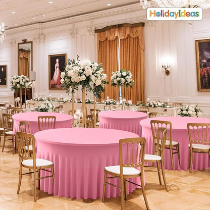 Fitted Pink Spandex Table Skirts for Wedding Party,60 Inch Round,6 Pack | Spandex Table Covers, For 5 Ft Wedding Cake Tables, Wrinkle Resistant, Ruffle Design Banquets, Baby Showers, Parties