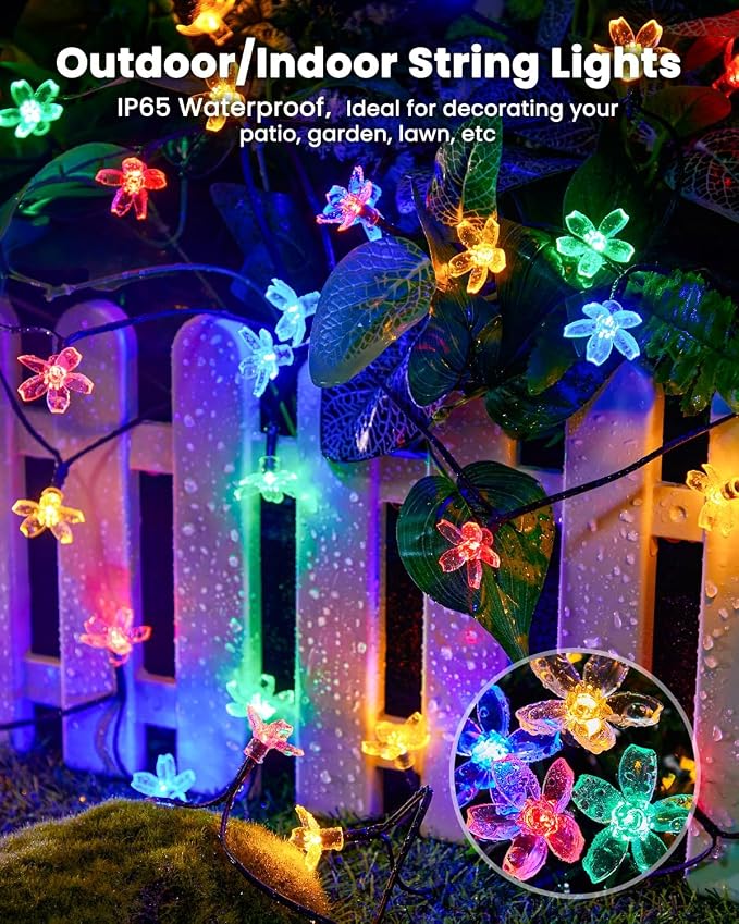 Brightown 60 LED Flower Solar String Lights Outdoor Waterproof, Fairy Lights for Garden Yard Fence Patio Christmas Tree Wedding Party Decor, Multicolor, 4 Pack