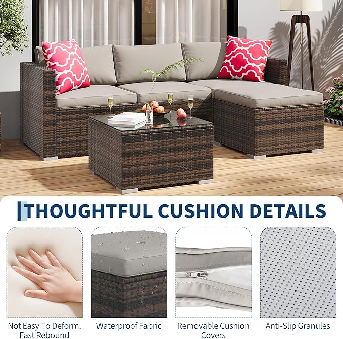5-Piece Outdoor Sectional Sofa Set, All-Weather PE Rattan Patio Furniture with Ottoman & Tempered Glass Table, Convertible Garden Couch for Backyard, Porch, Poolside (Brown/Light Gray)