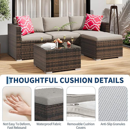 5-Piece Outdoor Sectional Sofa Set, All-Weather PE Rattan Patio Furniture with Ottoman & Tempered Glass Table, Convertible Garden Couch for Backyard, Porch, Poolside (Brown/Light Gray)