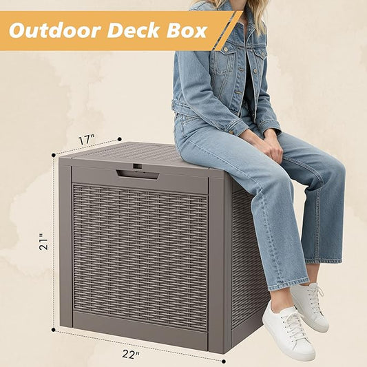 Fancyango 31 Gallon Outdoor Deck Box Waterproof, Storage Box for Patio, Resin Storage Bench Lockable for Garden Tools, Package Delivery, Grey
