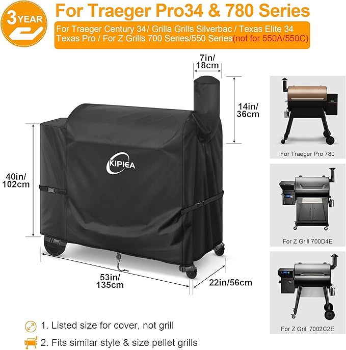 Kipiea Heavy Duty Grill Cover for Traeger Pro 34 & 780 Series, 600D Oxford Fabric Wood Pellet Smoker Covers Waterproof & Windproof, Pellet BBQ Grill Cover for Outside Anti-UV, No Tear, No Fading