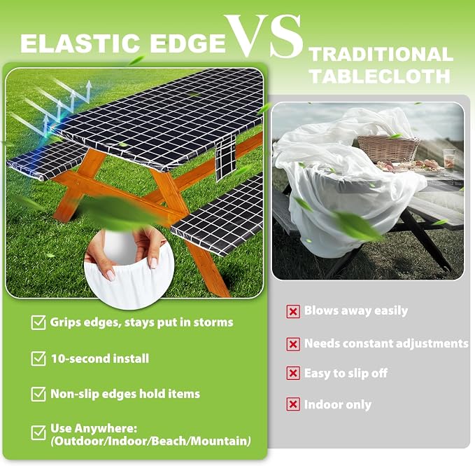 Wrakus Picnic Table Cover with Bench Covers Vinyl Elastic Edges Fitted Rectangle Seat Tables Waterproof 3-Piece96X30in Set Outdoor Rectangular Folding Backing Tablecloth for Camping Over Size