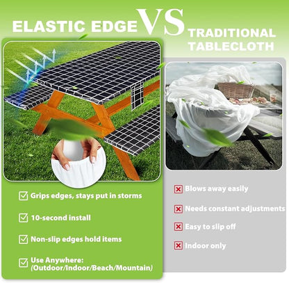 Wrakus Picnic Table Cover with Bench Covers Vinyl Elastic Edges Fitted Rectangle Seat Tables Waterproof 3-Piece96X30in Set Outdoor Rectangular Folding Backing Tablecloth for Camping Over Size