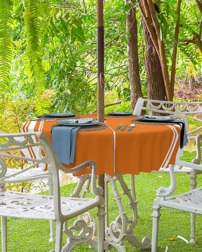 Queenker Fall Outdoor Tablecloth with Umbrella Hole, Farmhouse Orange White Stripe Round Tables Zippered Table Cloth Waterproof Tabletop Cover Collection for Patio, Garden, Picnic, Camping, Dining