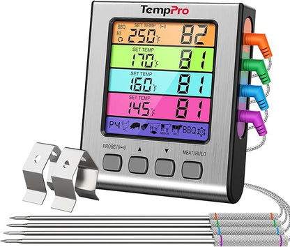 TempPro TP17H Digital Meat Thermometer with 4 Temperature Probes, HI/Low Alarm Smoker Food Thermometer with Colored Backlit LCD, BBQ Thermometer for Cooking Grill Kitchen Oven (Previously ThermoPro)