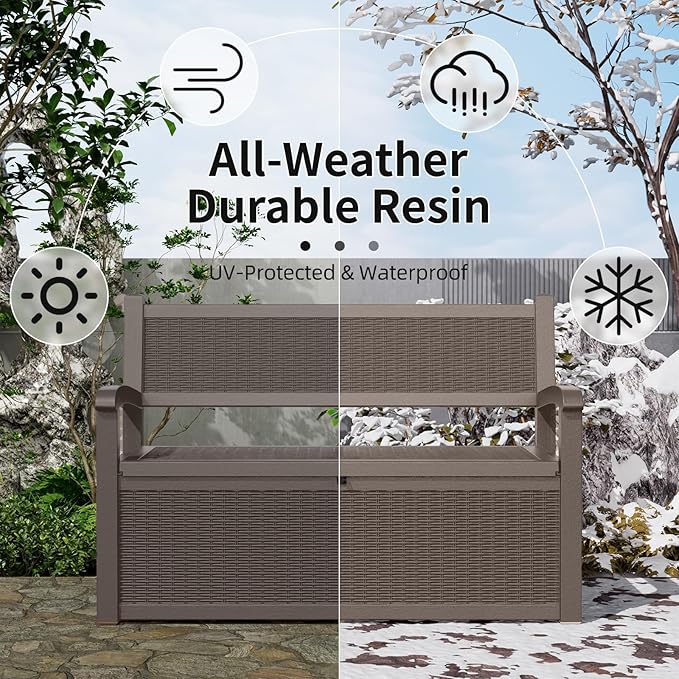 PatioZen 80 Gallon Outdoor Storage Bench Deck Box Waterproof Lockable,Outdoor Storage Furniture for Patio,Garden and Porch,Tools and Cushions（ Grey）