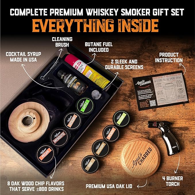 Whiskey Smoker Kit with Torch and Butane and Old Fashioned Syrup - 8 Flavors Wood Chips, 100% USA Oak, High-End Set - Old Fashioned Bourbon Cocktail Smoker Kit Gifts for Men Dad